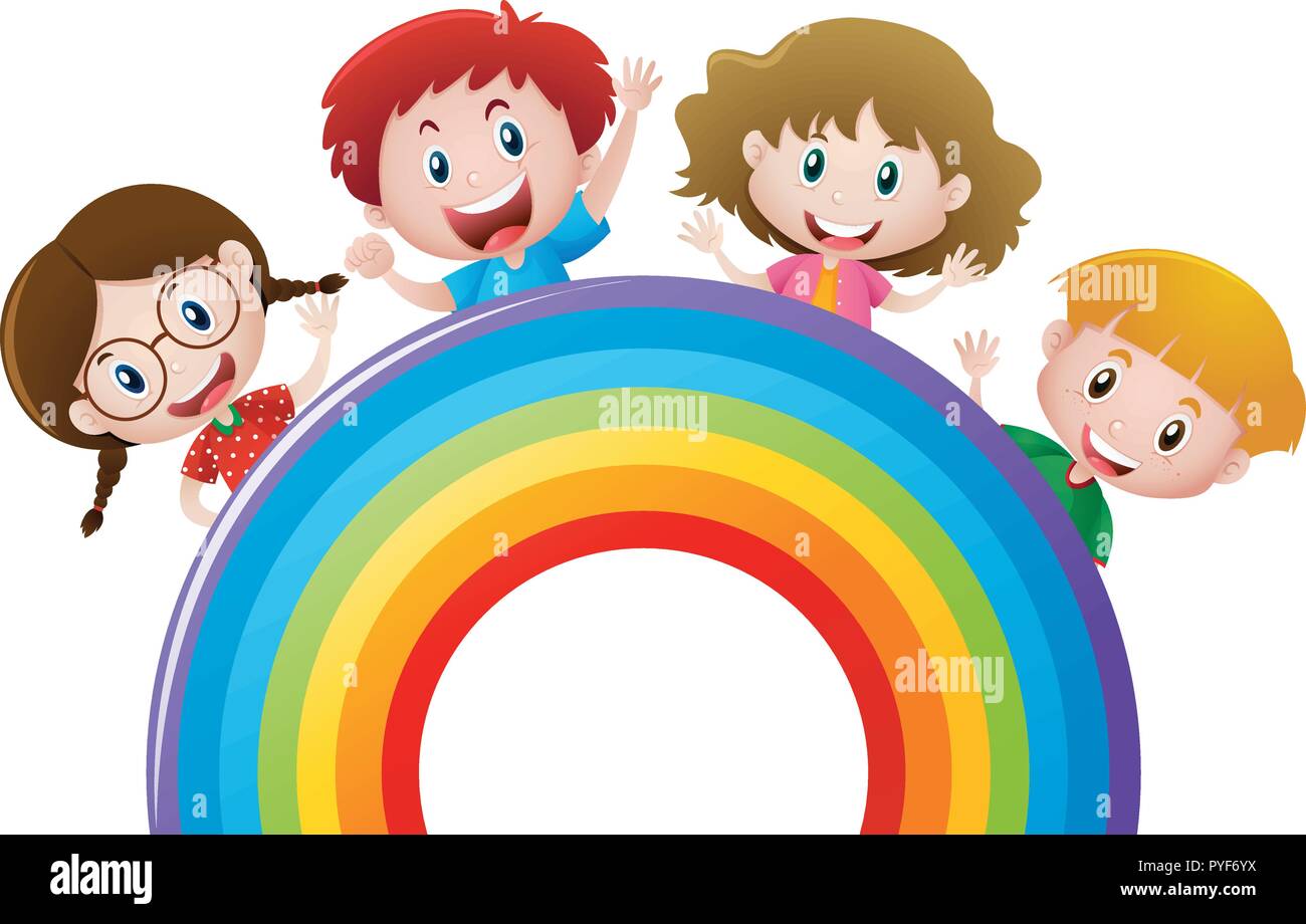 Four kids and colorful rainbow illustration Stock Vector Image & Art ...