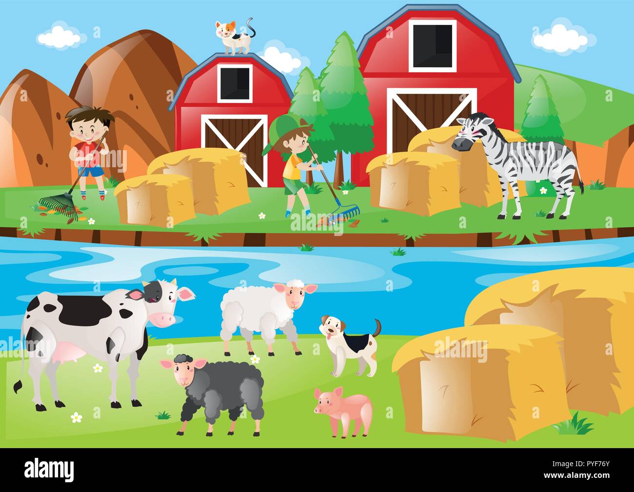 Farm scene with kids raking leaves illustration Stock Vector