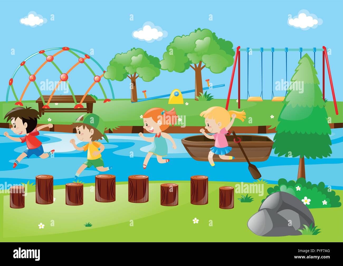 Scene with children running in park illustration Stock Vector Image ...