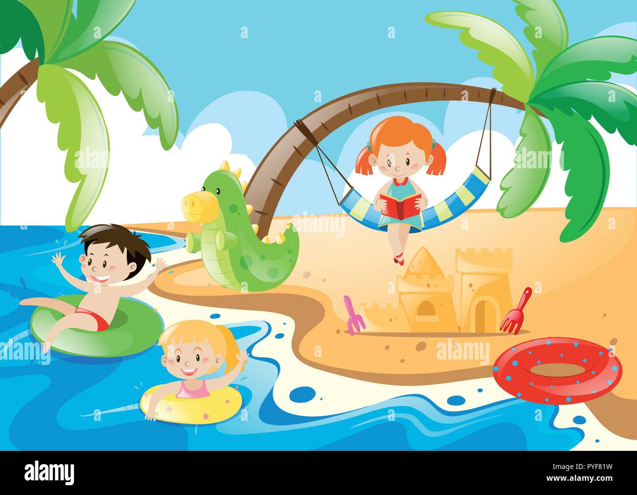 Three Kids Having Fun At The Beach Illustration Stock Vector Image Art Alamy