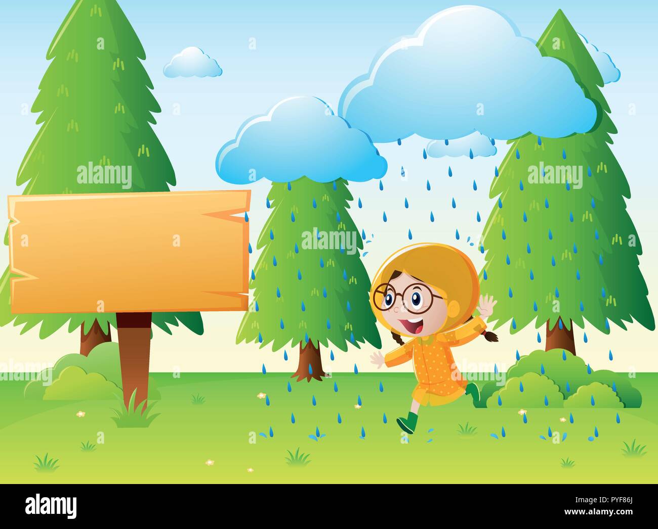 Girl in raincoat running in the rain illustration Stock Vector Image