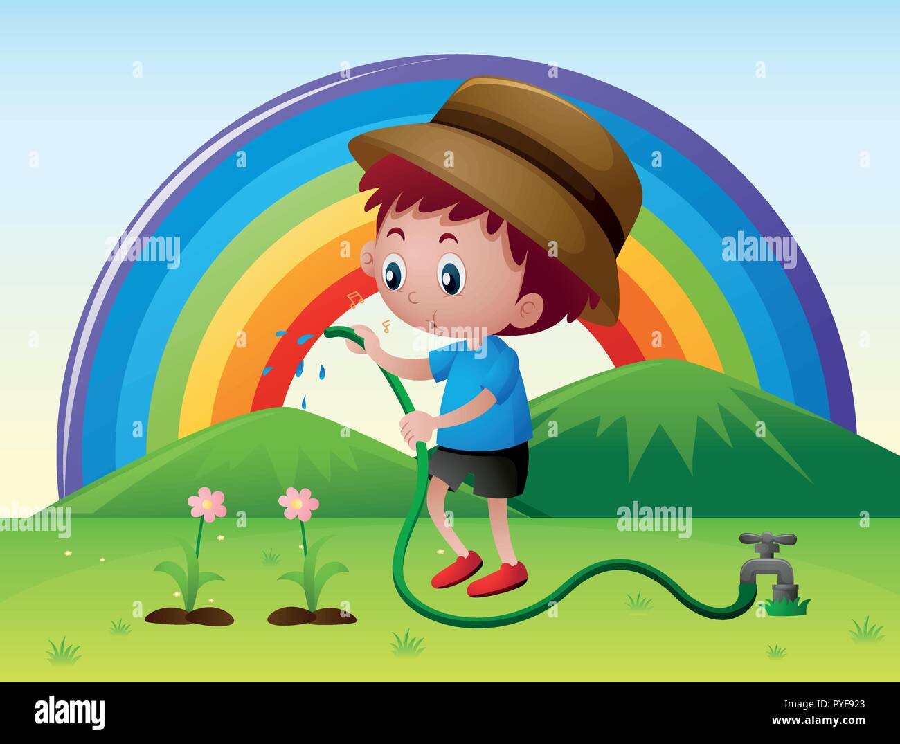 Boy Watering Flowers In Garden Illustration Stock Vector Image Art Alamy
