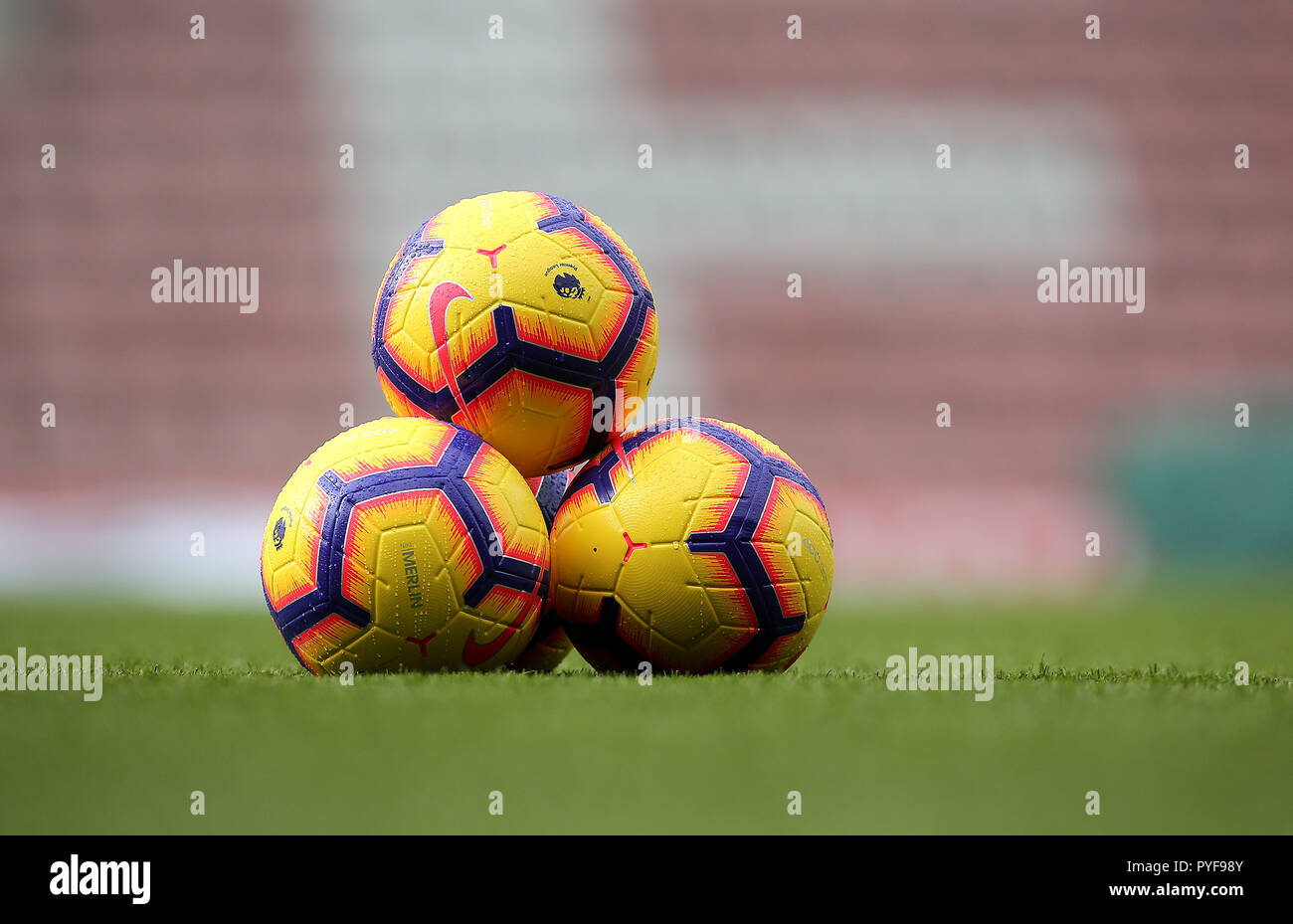 A general view of Nike balls on the pitch prior to the Premier League match  at St Mary's Stadium, Southampton. PRESS ASSOCIATION Photo. Picture date:  Saturday October 27, 2018. See PA story