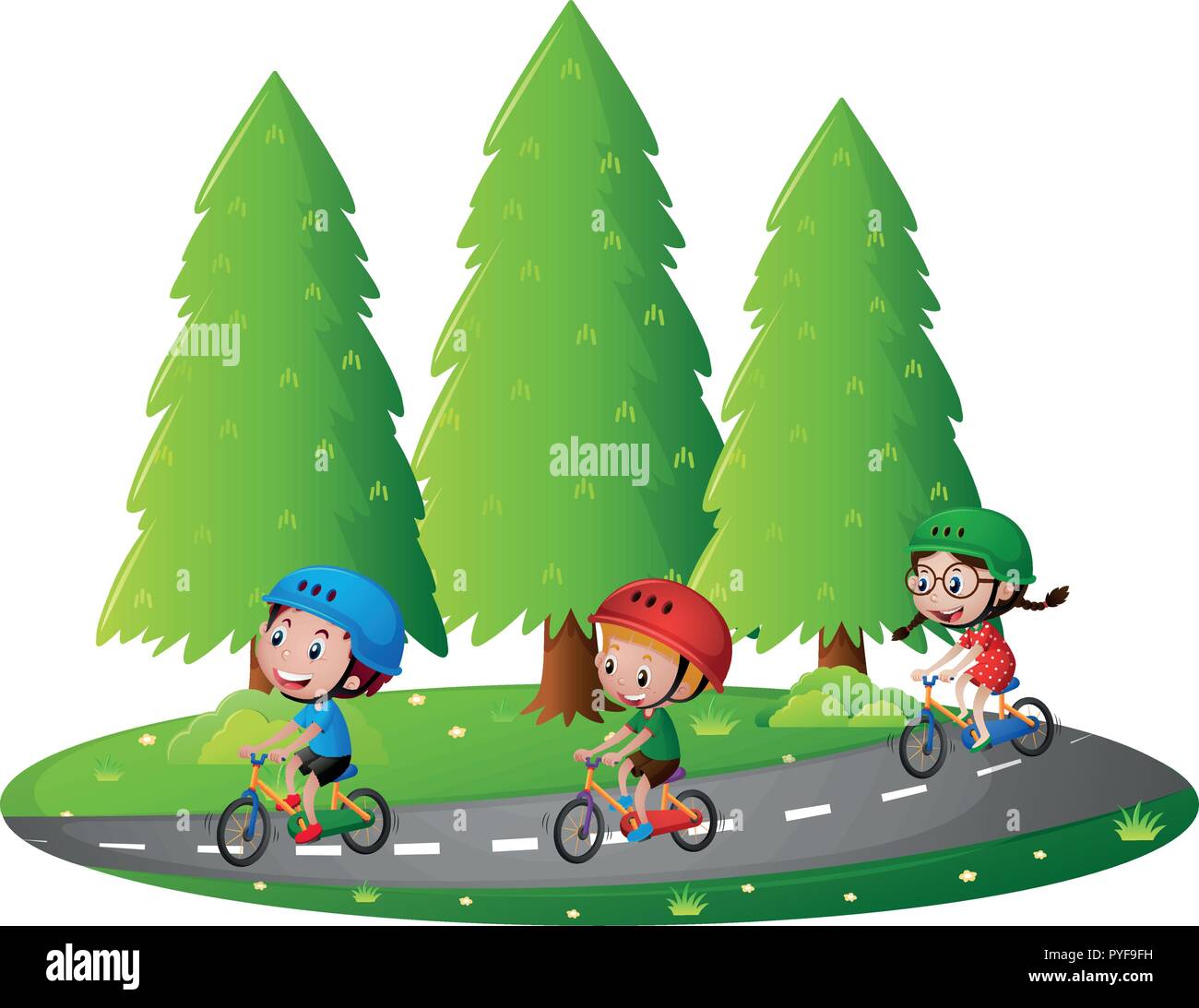 Tkid Rides Drawing Three kids riding bikin on road illustration Stock Vector Image & Art ...