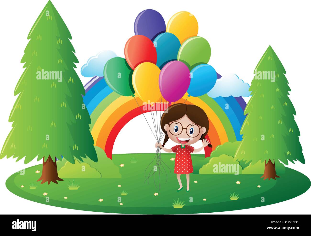 Little girl holding colorful balloons in park illustration Stock Vector ...