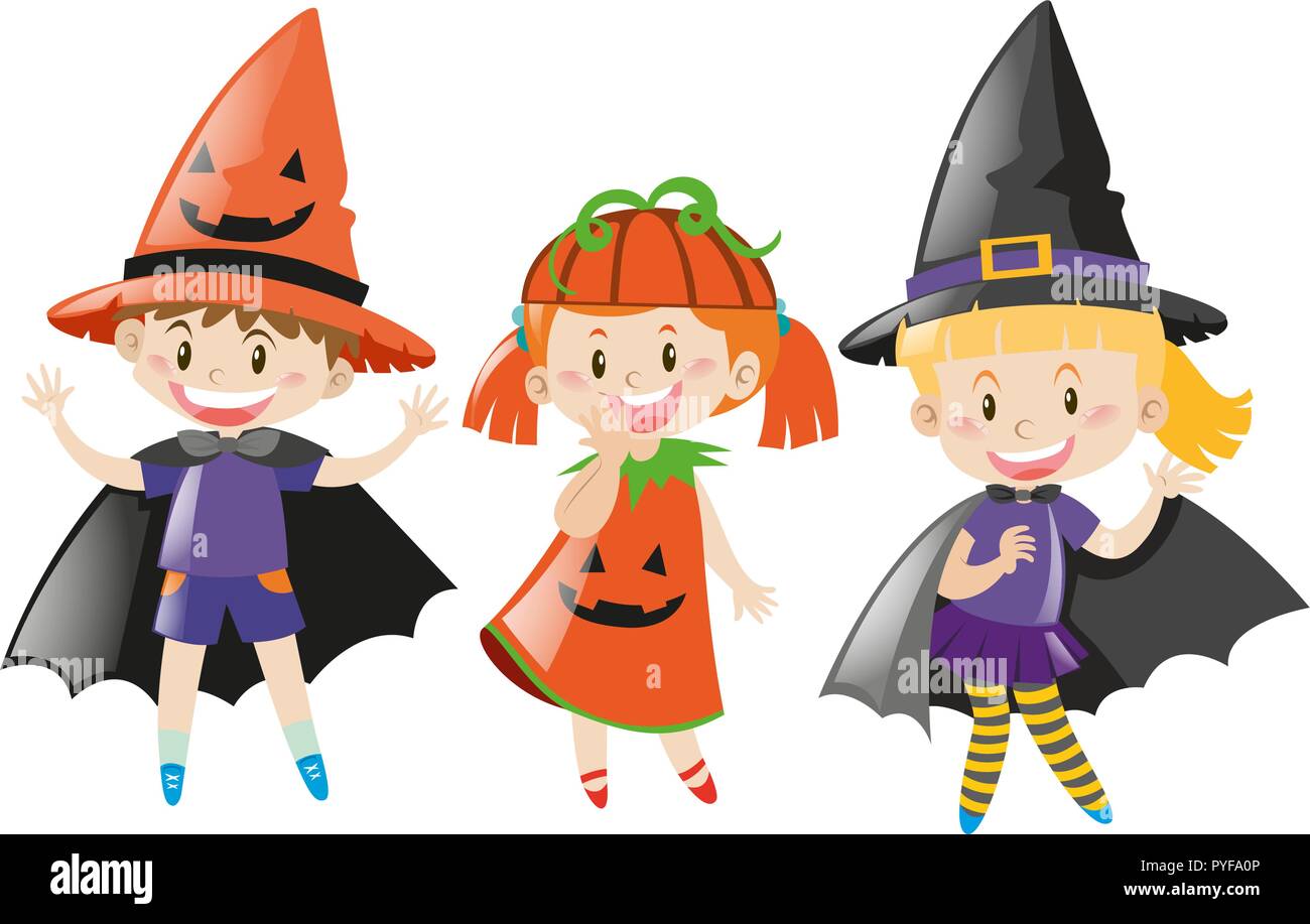 Three kids in halloween costume illustration Stock Vector