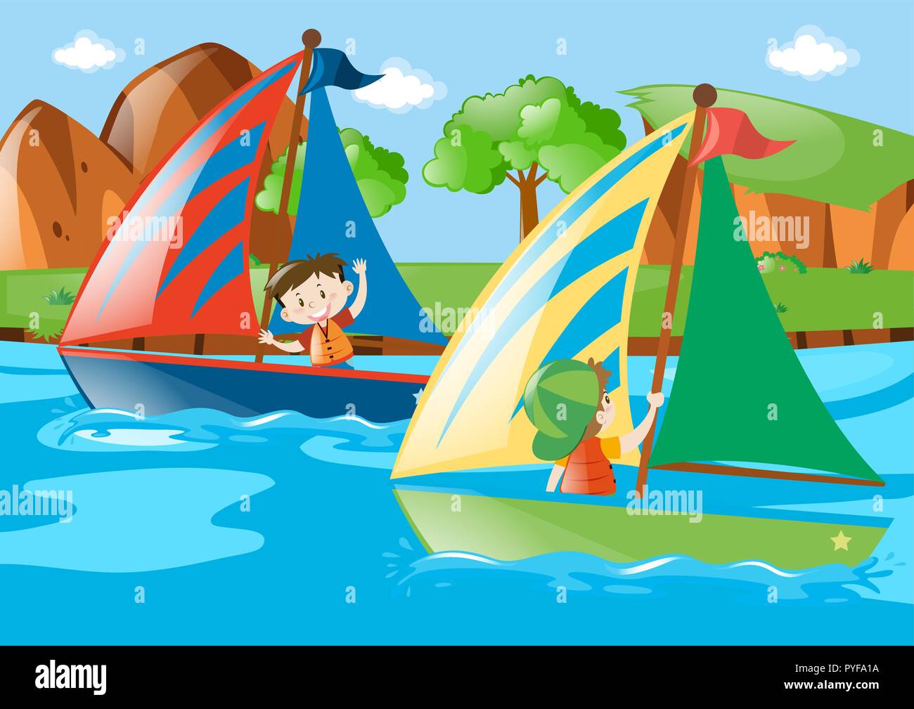 Two boys sailing boat in river illustration Stock Vector Image & Art