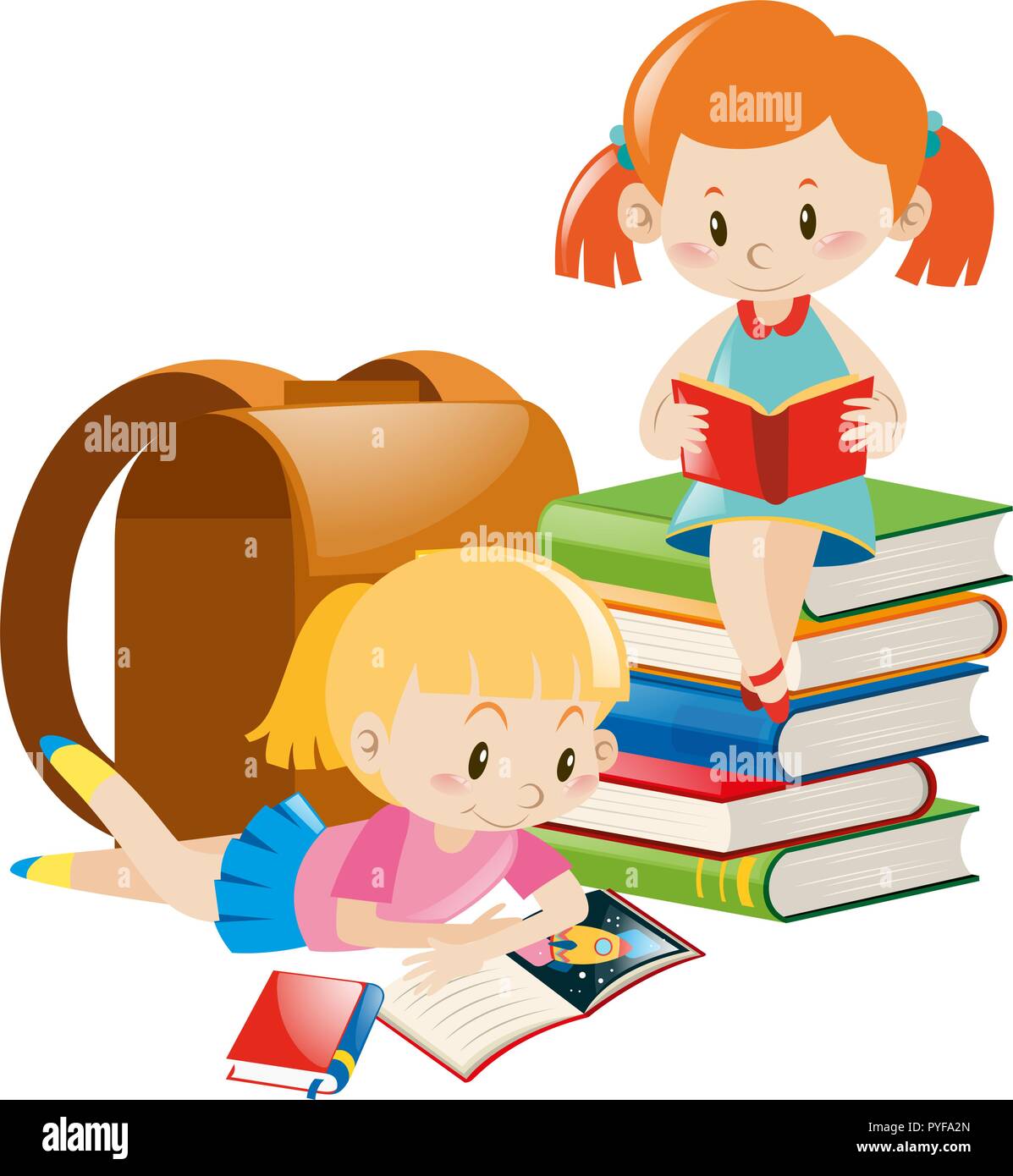 two-girls-reading-text-books-illustration-stock-vector-image-art-alamy