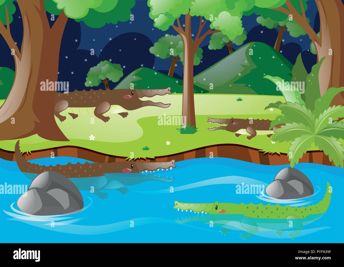 Crocodiles in the river and on land illustration Stock Vector Image ...