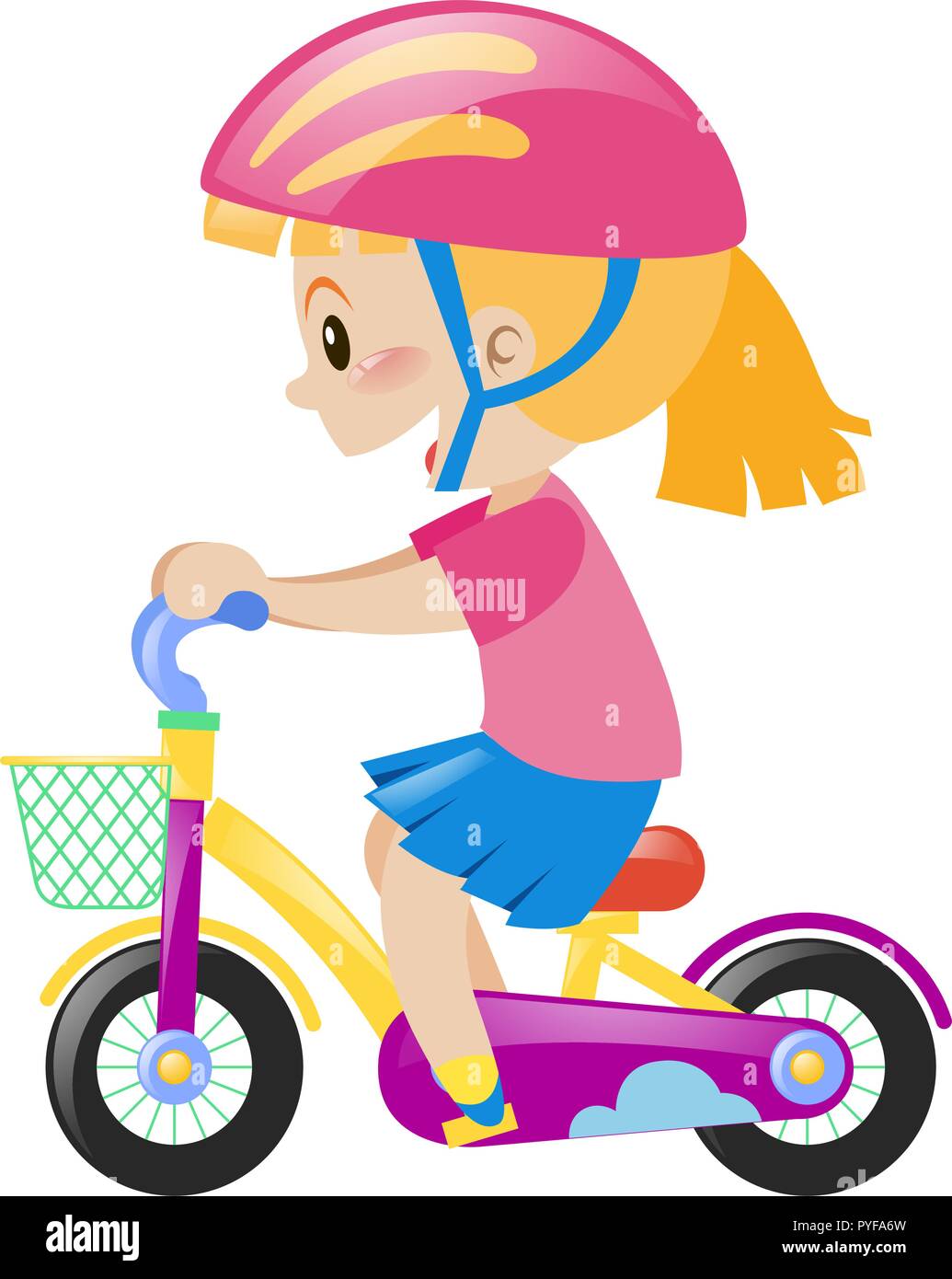 Little girl wearing pink helmet riding bike illustration Stock Vector