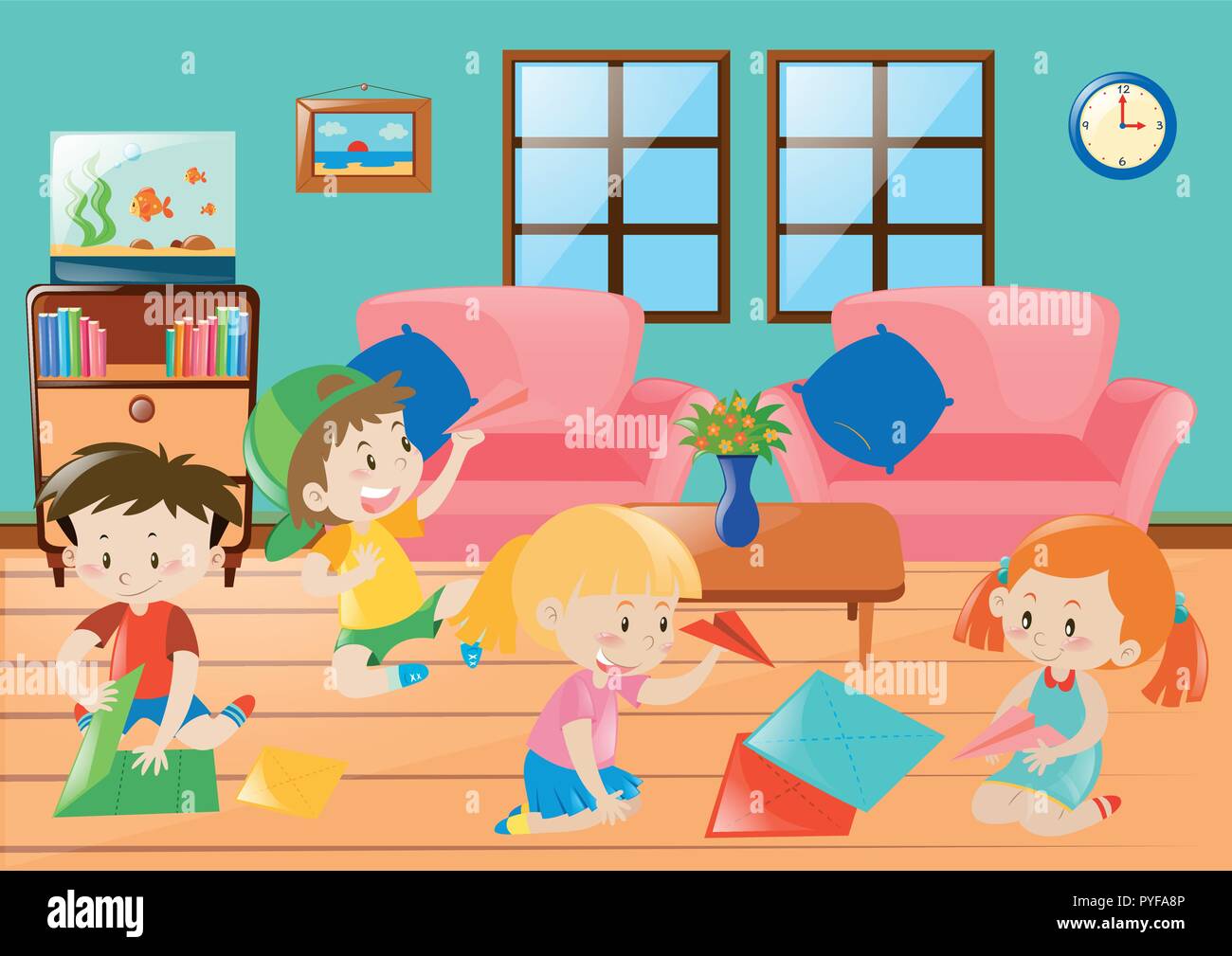 Children folding plane paper in room illustration Stock Vector Image ...
