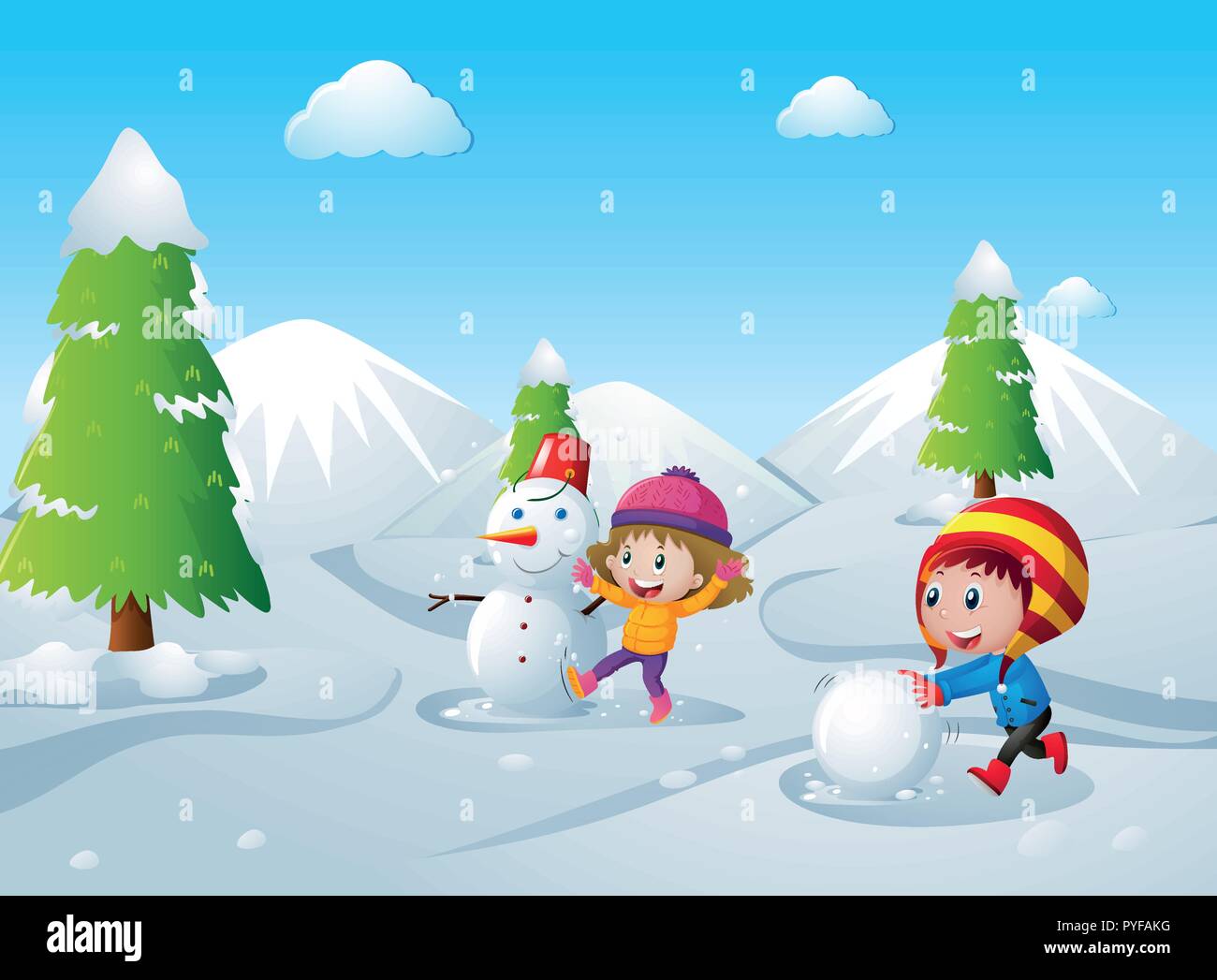 Two kids playing snow ball in the snow field illustration Stock Vector ...