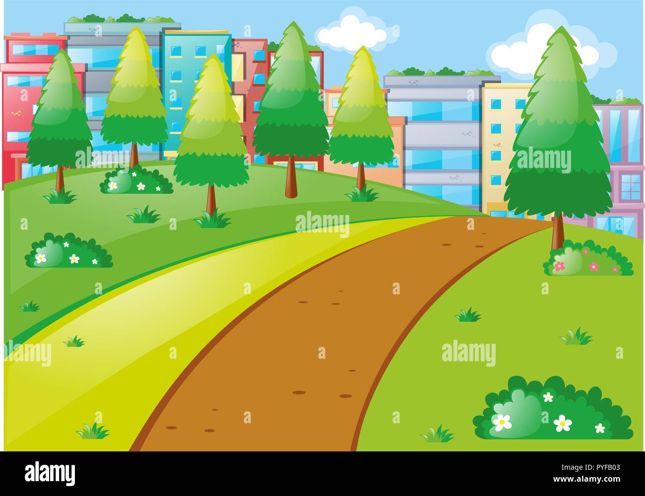 Scene with tall buildings and park illustration Stock Vector Image ...
