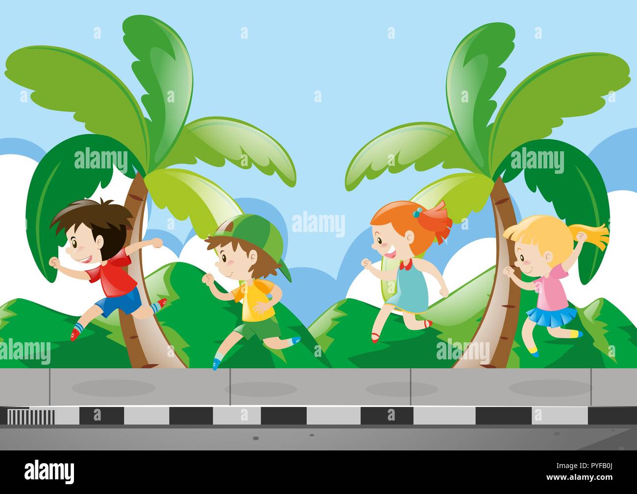 Four kids running on the pavement illustration Stock Vector