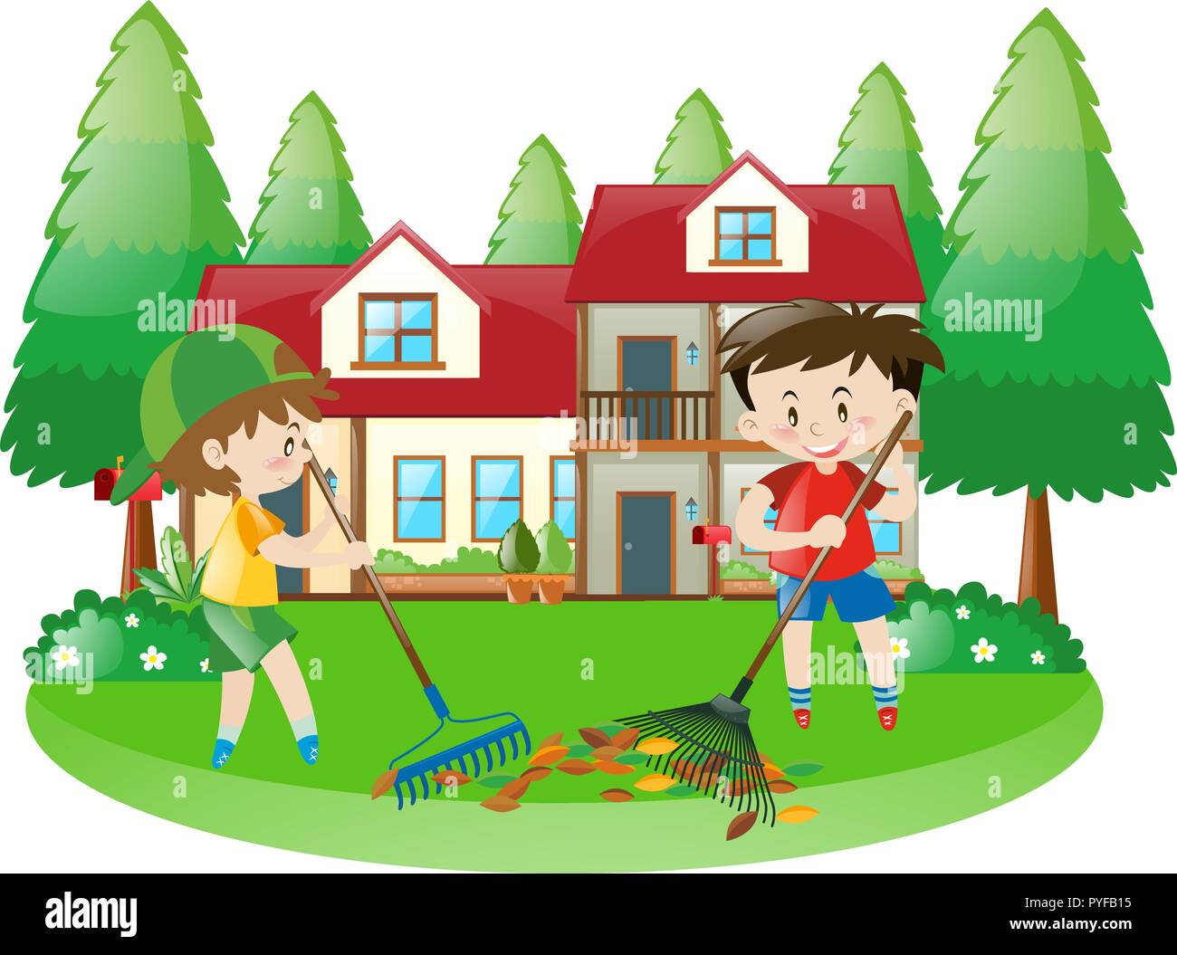 Scene with two boys raking dried leaves illustration Stock Vector