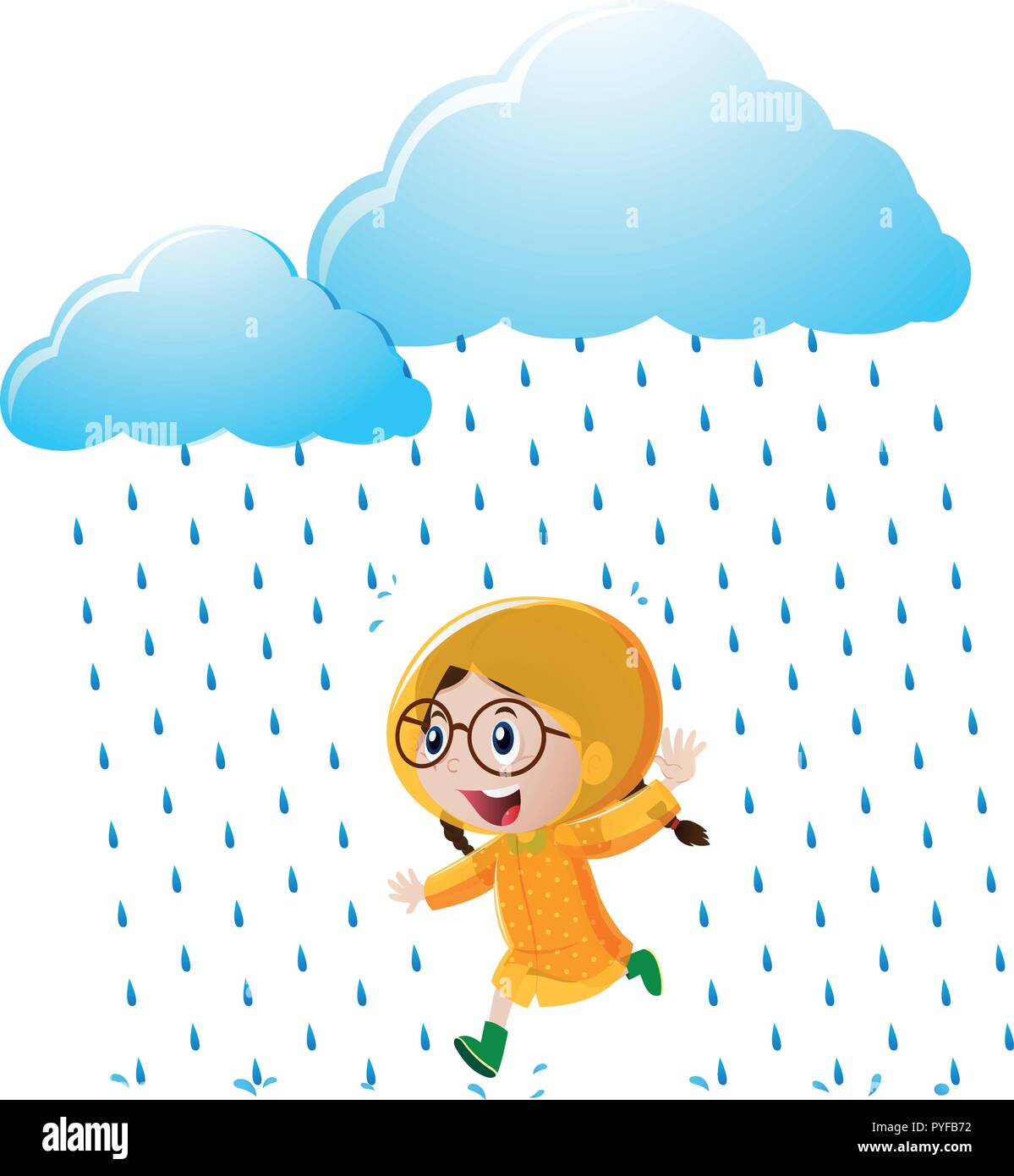 Girl with yellow raincoat running in the rain illustration Stock Vector