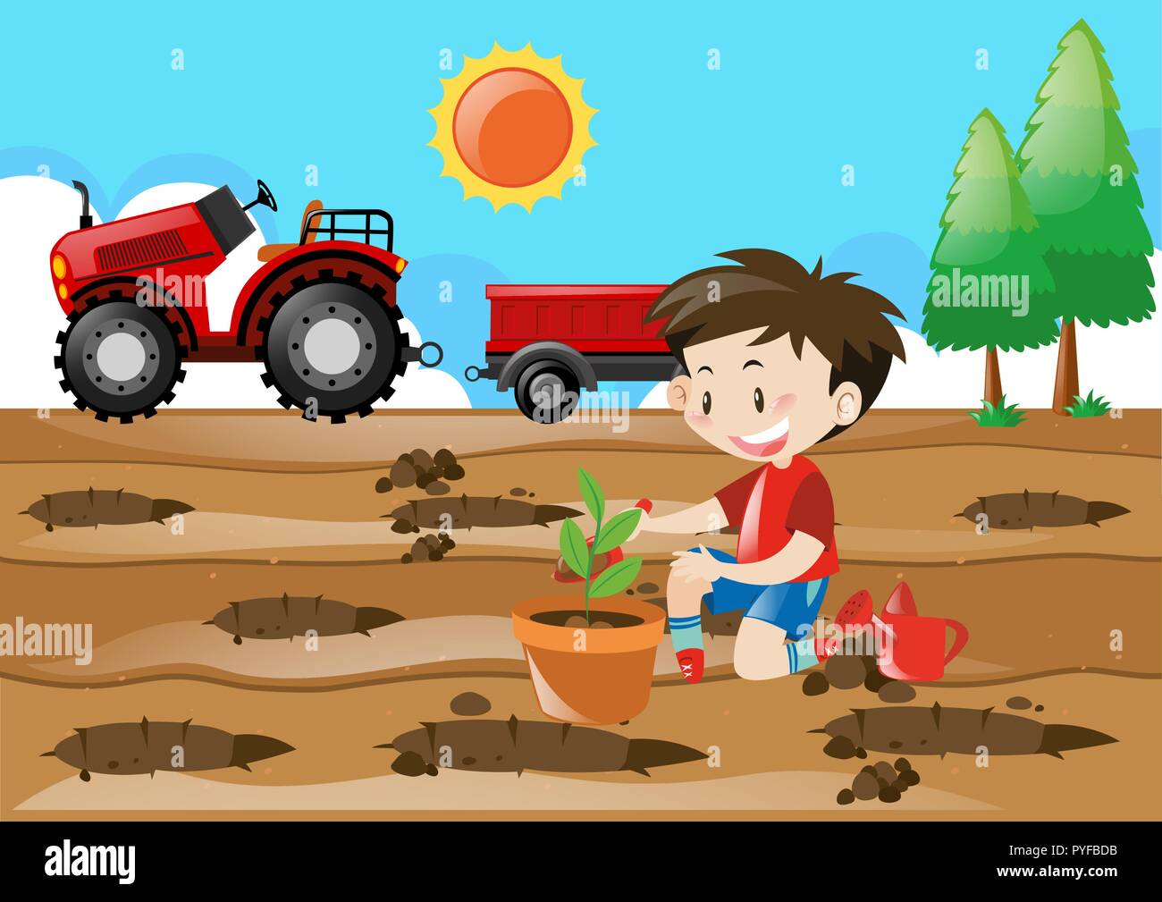 Farm scene with boy planting in the field illustration Stock Vector ...