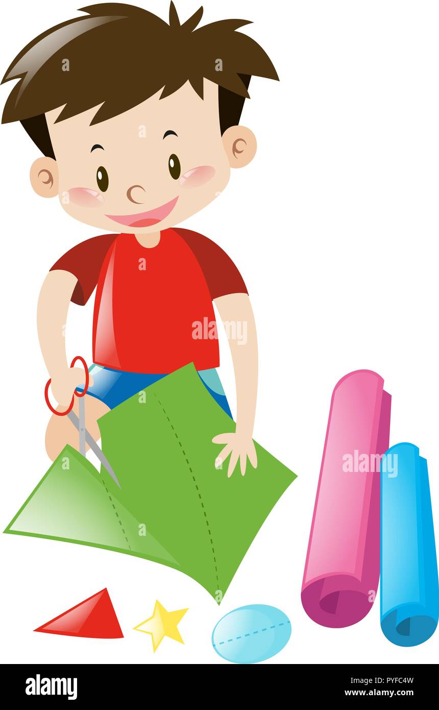 Boy cutting color papers with scissors illustration Stock Vector Image
