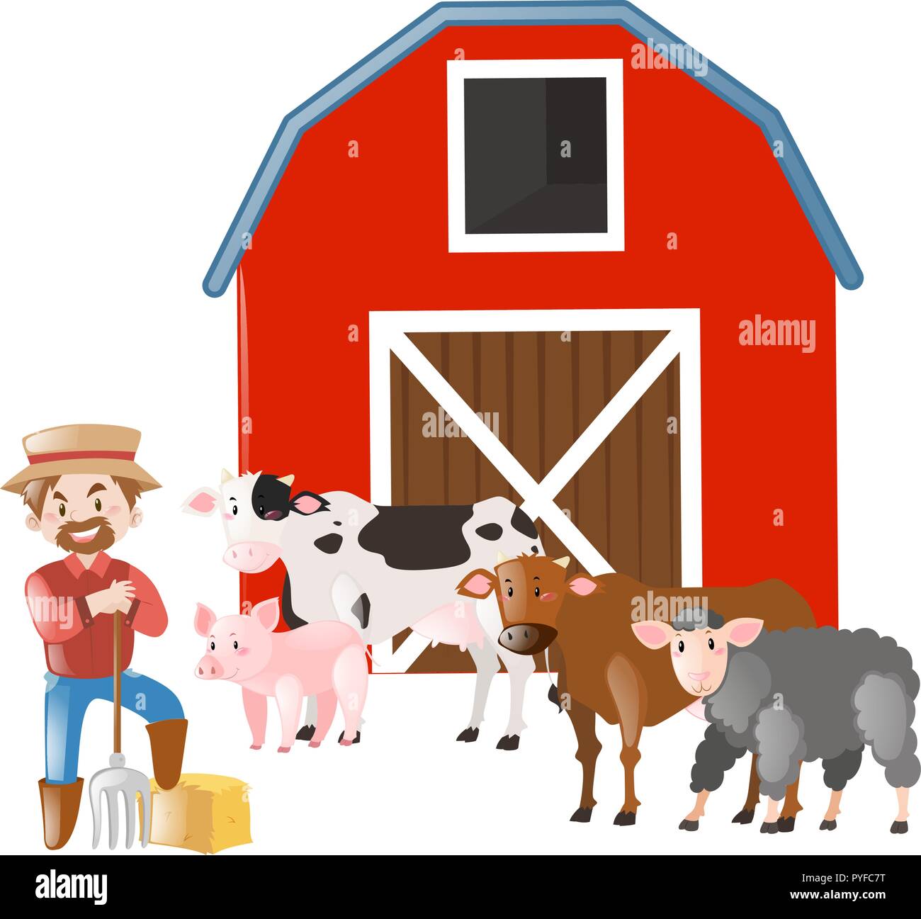 Farmer and many farm animals illustration Stock Vector Image & Art - Alamy