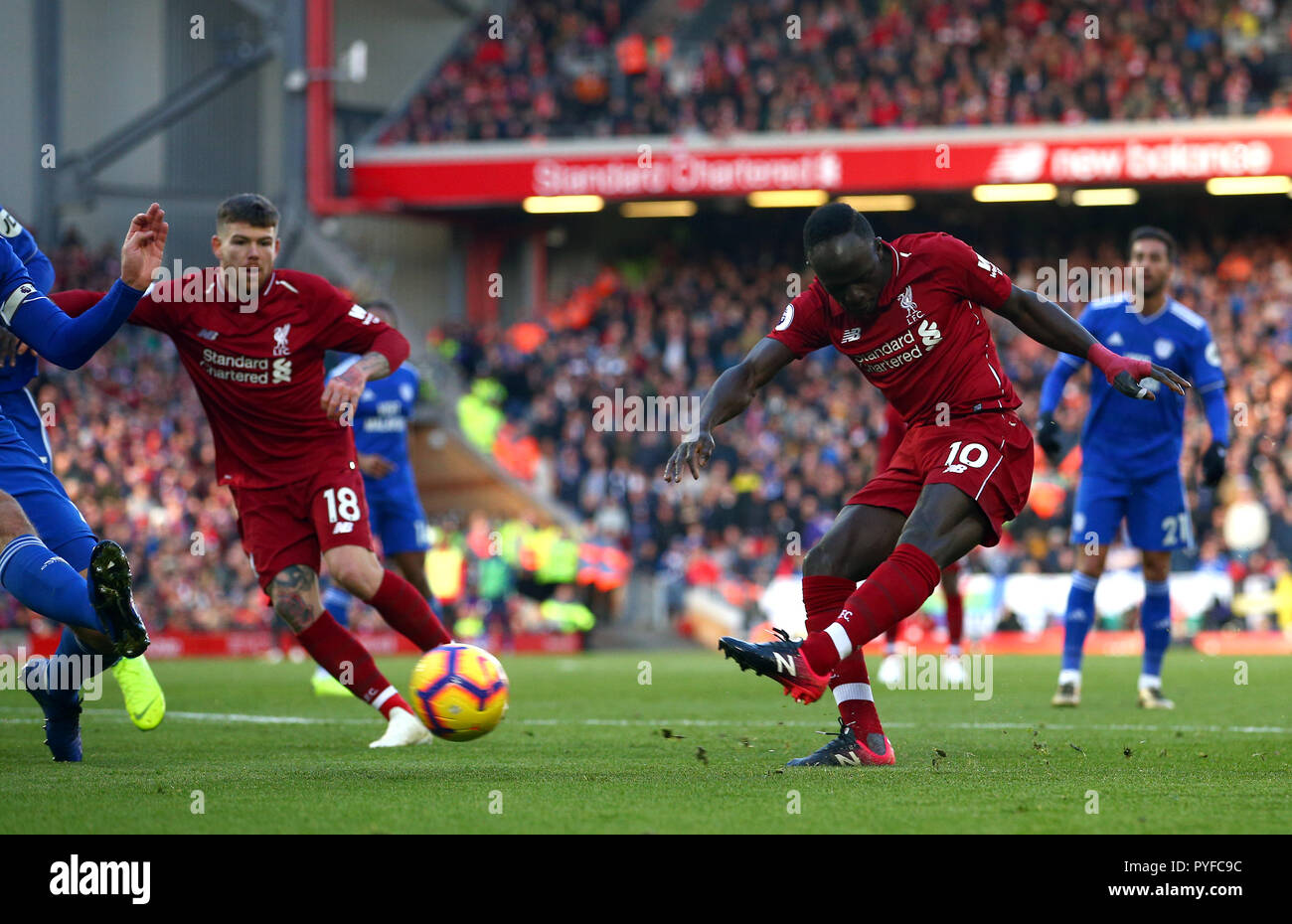 Liverpool S Sadio Mane Scores His Side S Second Goal Of The Game During The Premier League Match At Anfield Liverpool Stock Photo Alamy