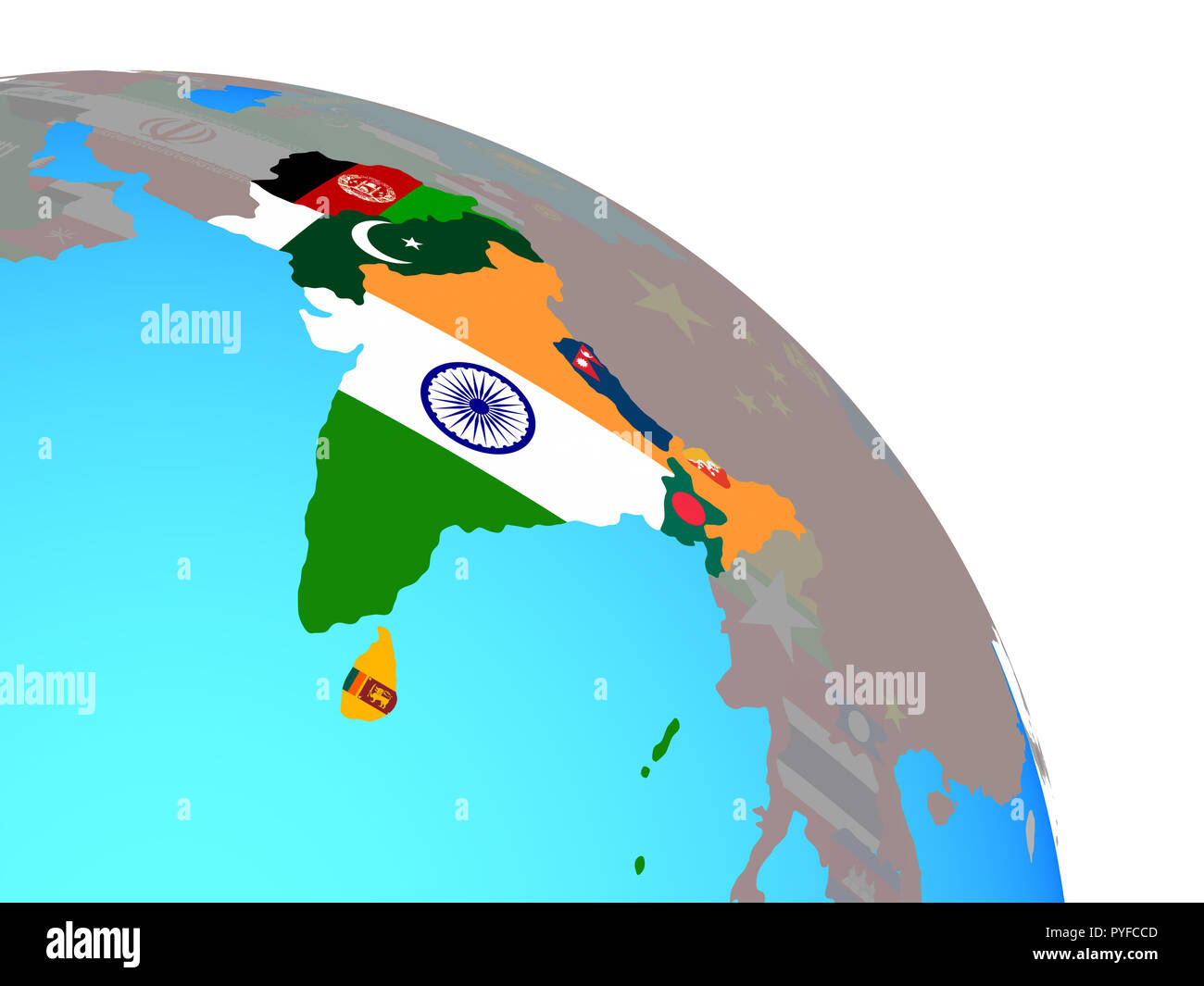 SAARC memeber states with national flags on simple blue political globe. 3D illustration. Stock Photo