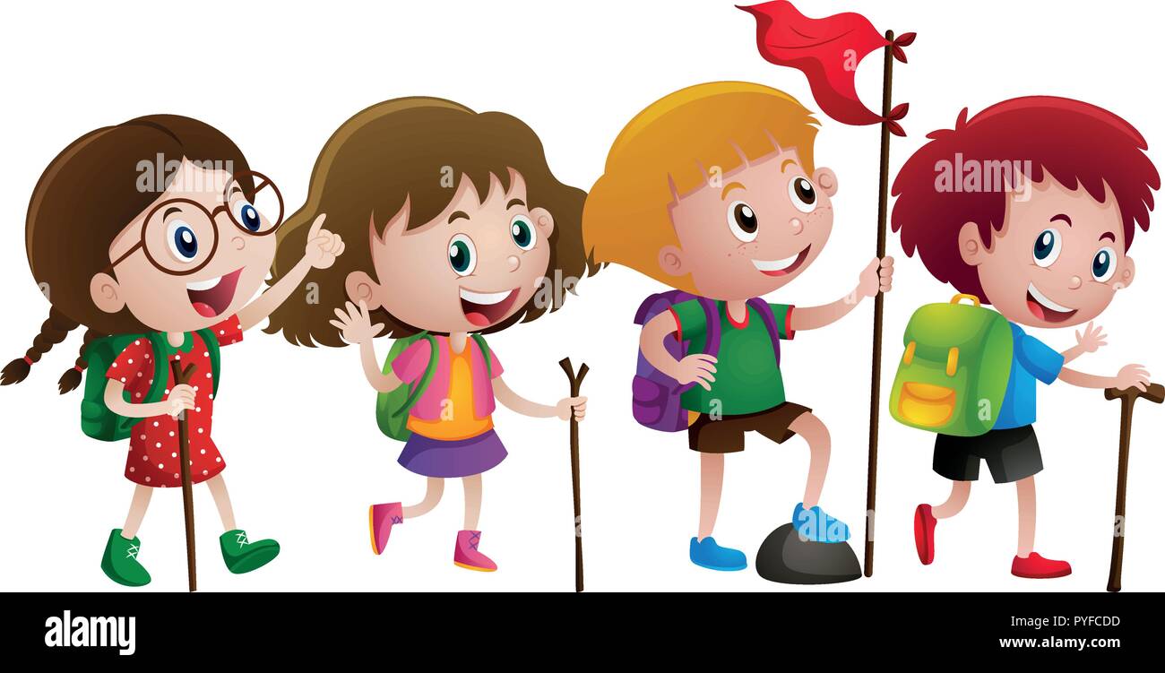 Four kids with walking stick illustration Stock Vector Image &amp; Art - Alamy
