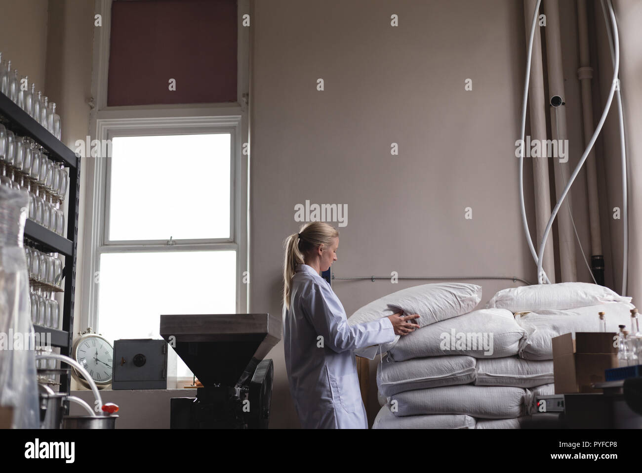 Female worker removing sack of wheat grain Stock Photo