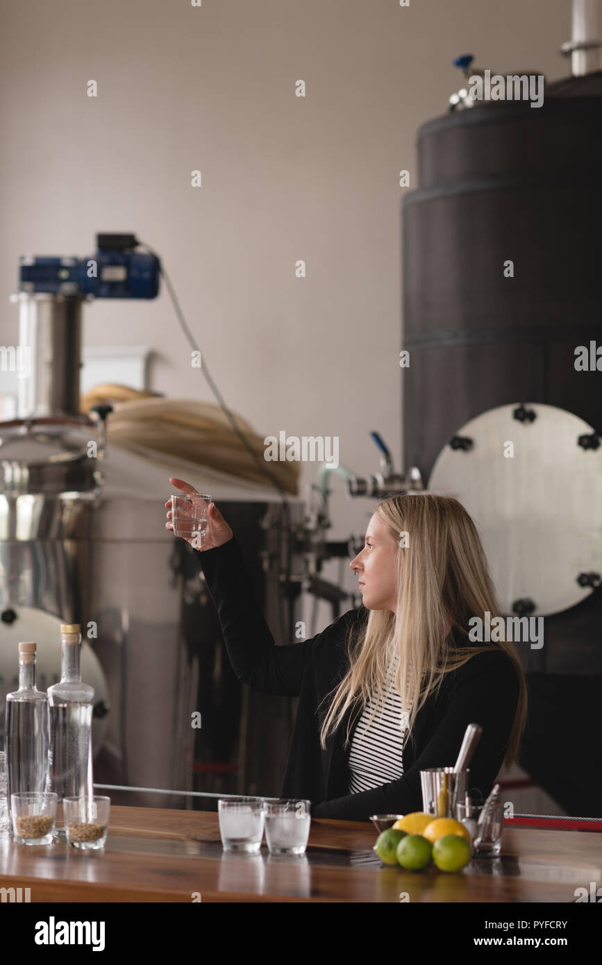 Female worker checking quality of gin Stock Photo