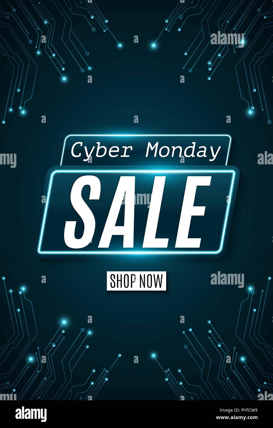 Cyber Monday flyer. Super sale. Hi-tech glowing blue circuit board. Web neon banner. Modern design. Vector illustration Stock Vector