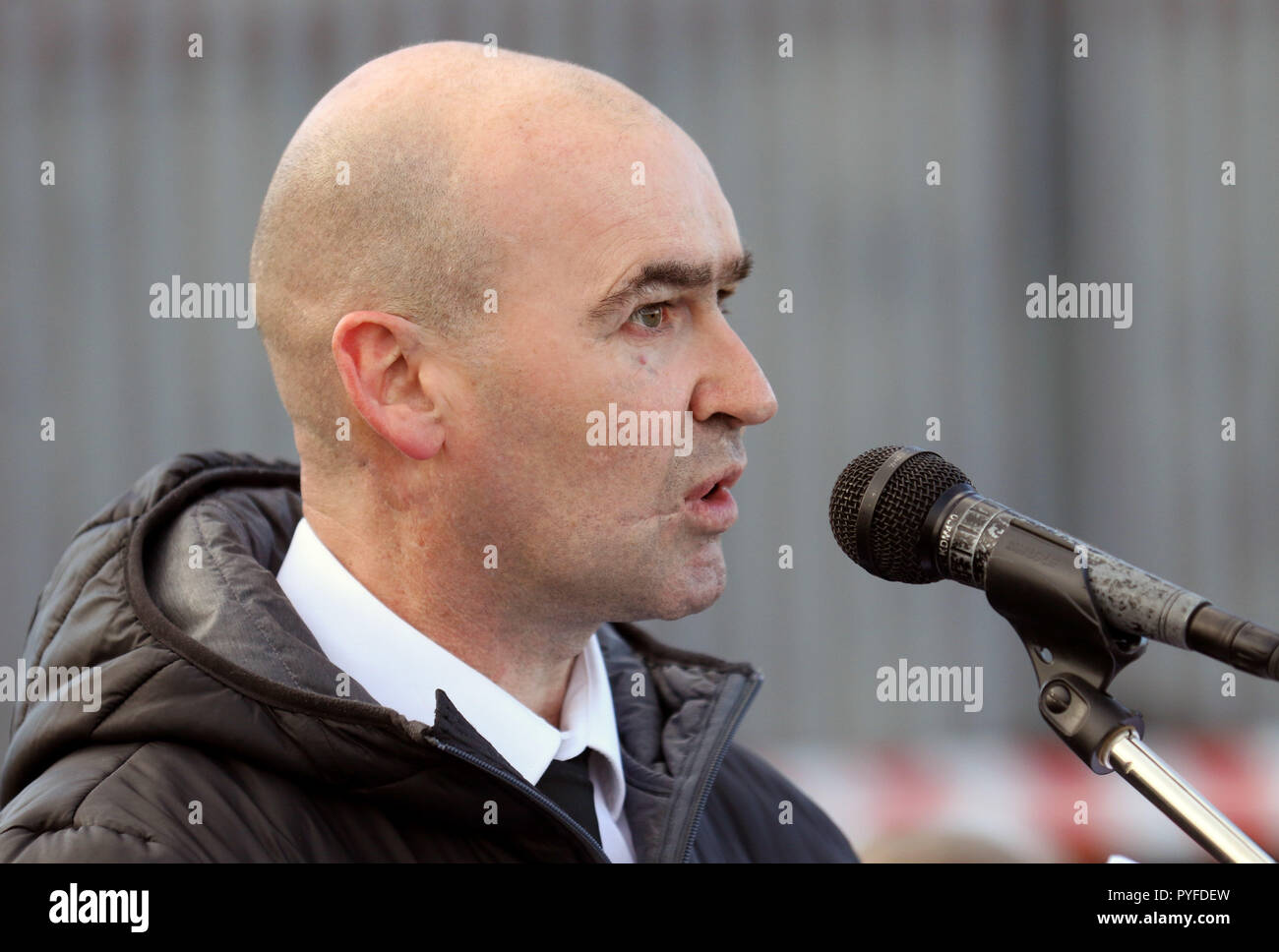 IRA killer Sean Kelly speaks during a controversial commemoration at Milltown Cemetery in west Belfast for his fellow Shankill Road bomber Thomas Begley, who died alongside the nine victims of the 1993 attack. Stock Photo