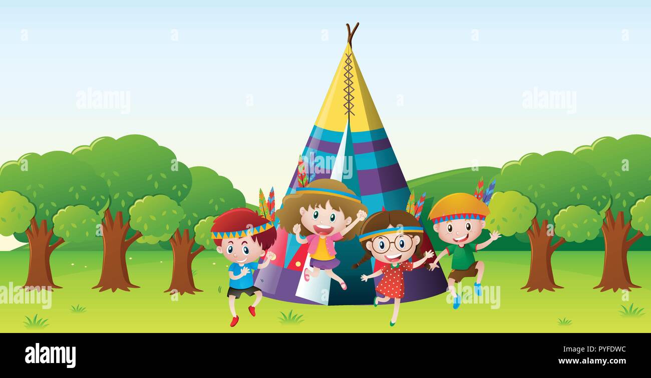 Children playing red indians in park illustration Stock Vector