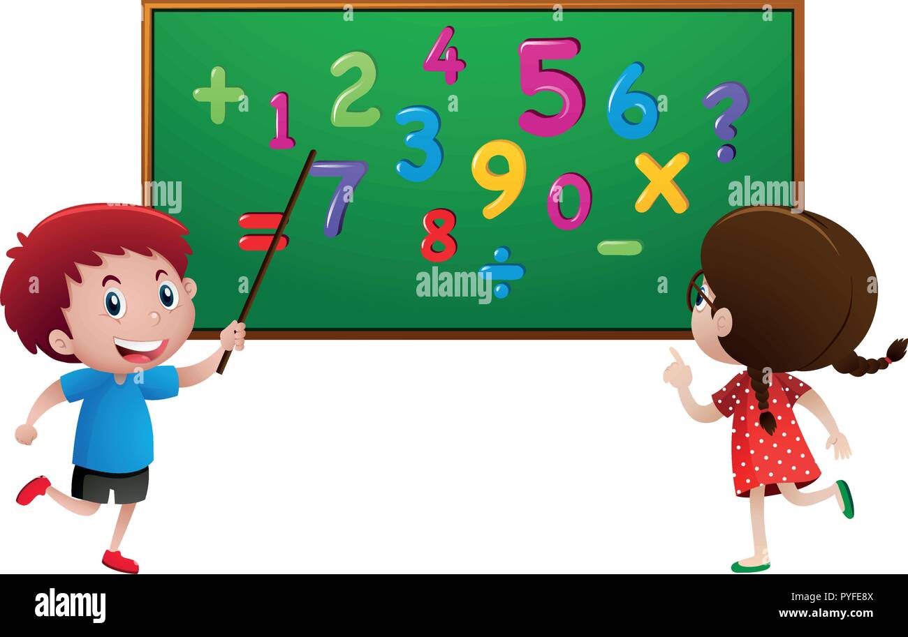 Boy and girl counting numbers on the board illustration Stock Vector
