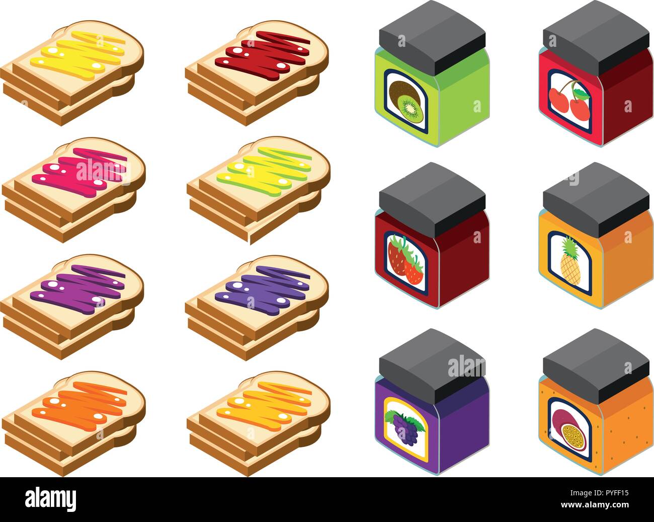 3D design for bread and different flavors of jam illustration Stock
