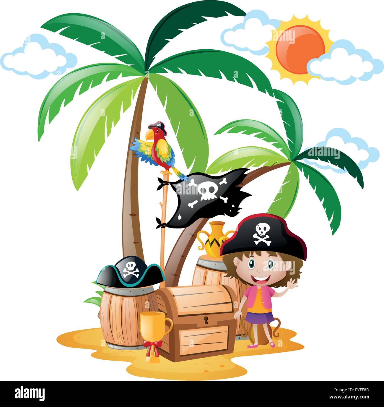 Pirate Girl And Treasure Island Illustration Stock Vector Art