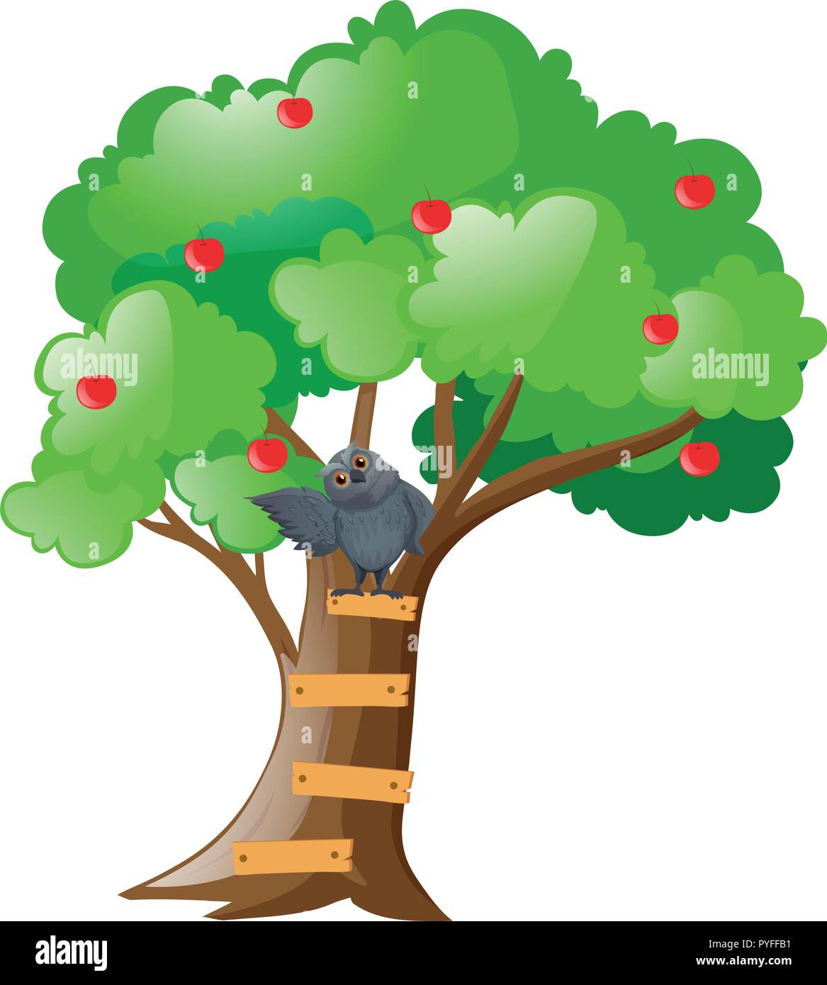 Gray owl on apple tree illustration Stock Vector