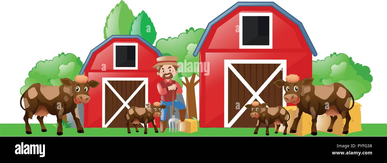 Farmer and many cows on the farm illustration Stock Vector Image & Art ...