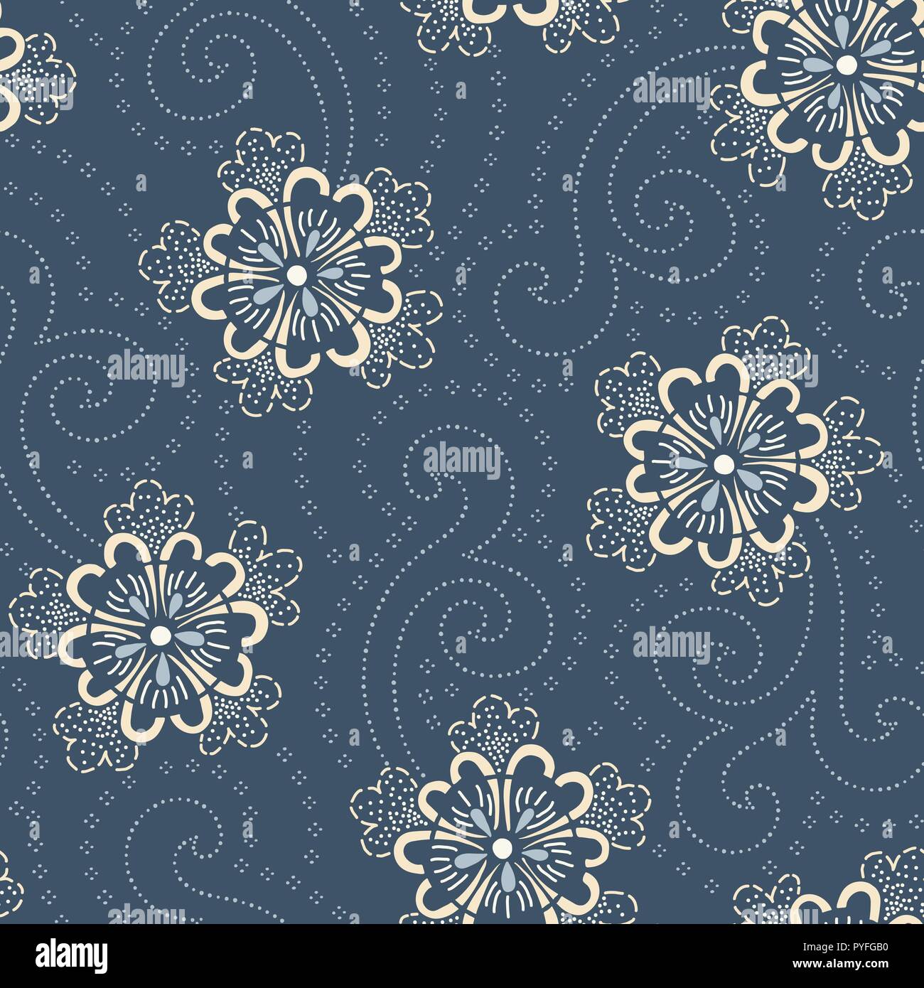 Indigo Hand Drawn Japanese Floral Vector Seamless Pattern Traditional Katazome Katagami Style Blooms Background Elegant Lace Flowers Stippling Mark Stock Vector Image Art Alamy