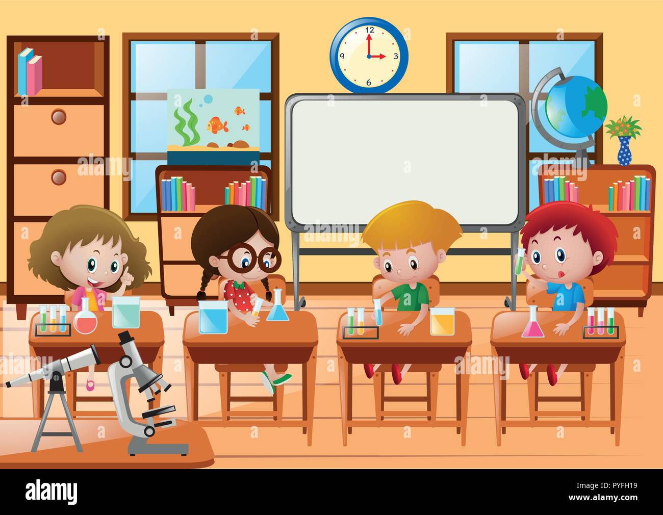 Students doing experiment in science class illustration Stock Vector Image  & Art - Alamy