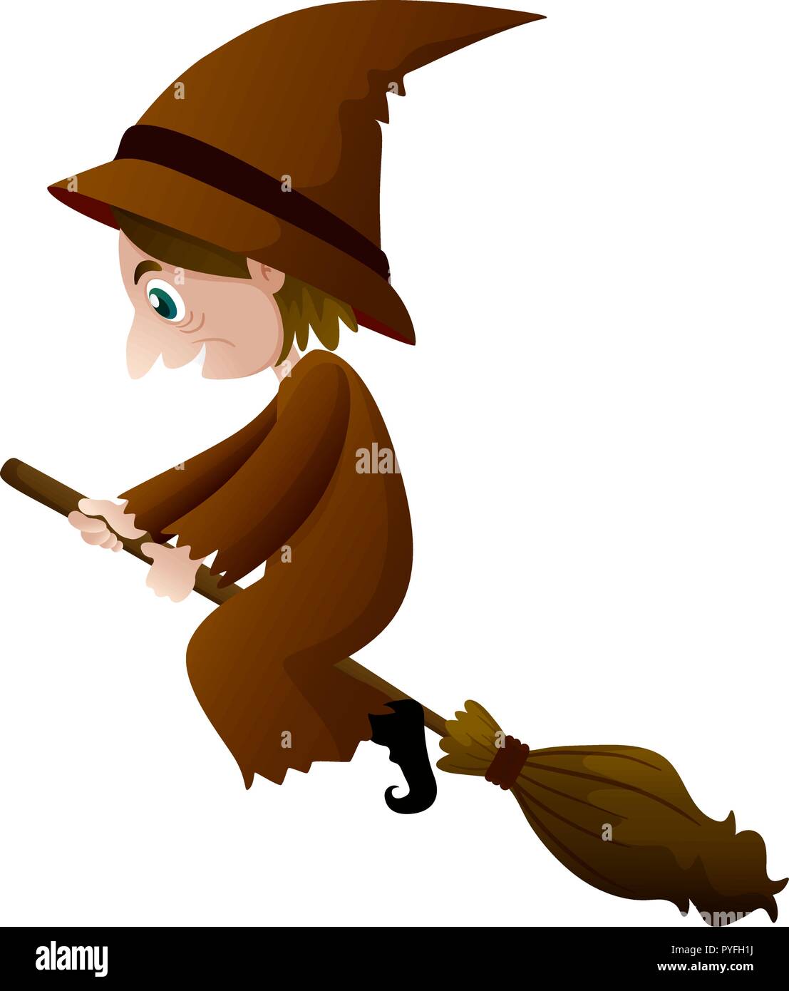 Old witch in brown clothes on broom illustration Stock Vector Image ...