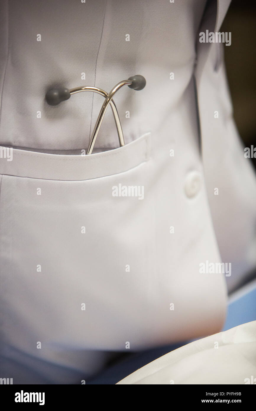 Stethoscope in doctor jacket. Stock Photo