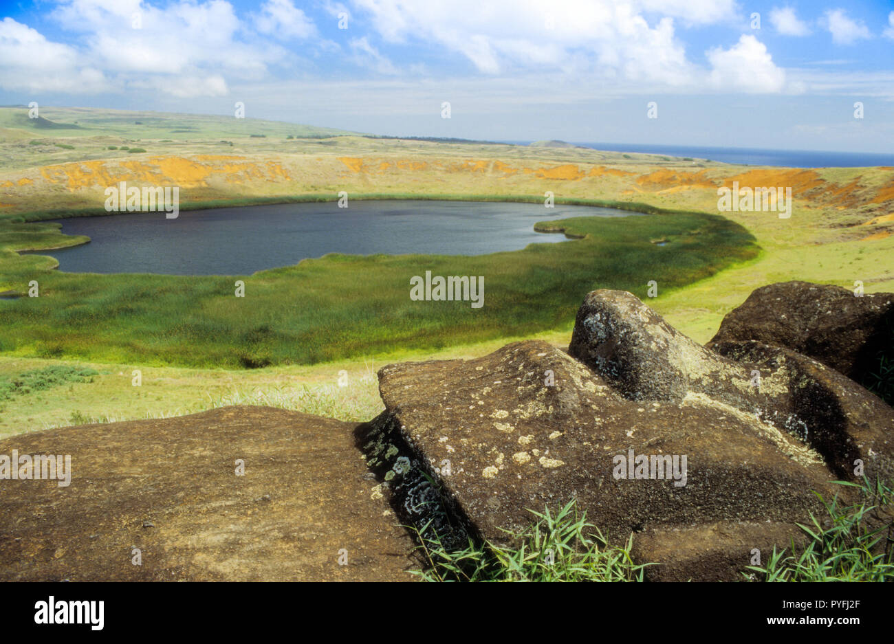 A single unfinished Moai statue on Easter Island lying in 'The Nursery' overlooking the extinct