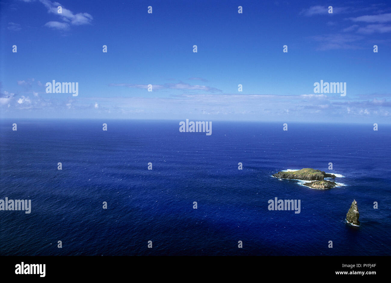 An aerial view of Easter Island sitting alone in the Pacific Ocean Stock Photo