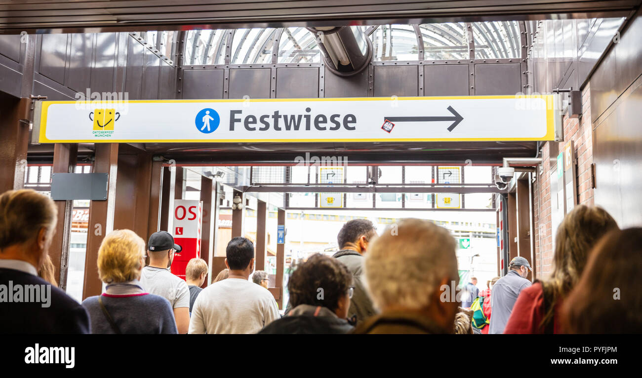 Oktoberfest, Munich. Germany. Entrance to the fairground, informative sign, text festwiese Stock Photo