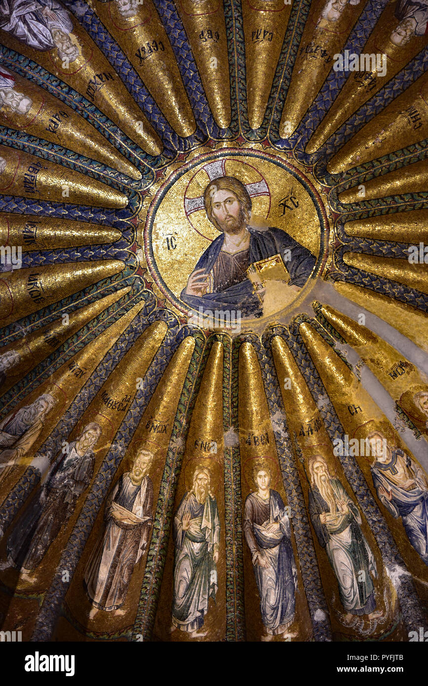 Mosaic showing Christ and his ancestors, in the southern dome of the inner narthex, Church of St Saviour in Chora, Istanbul, Turkey, Europe. Stock Photo