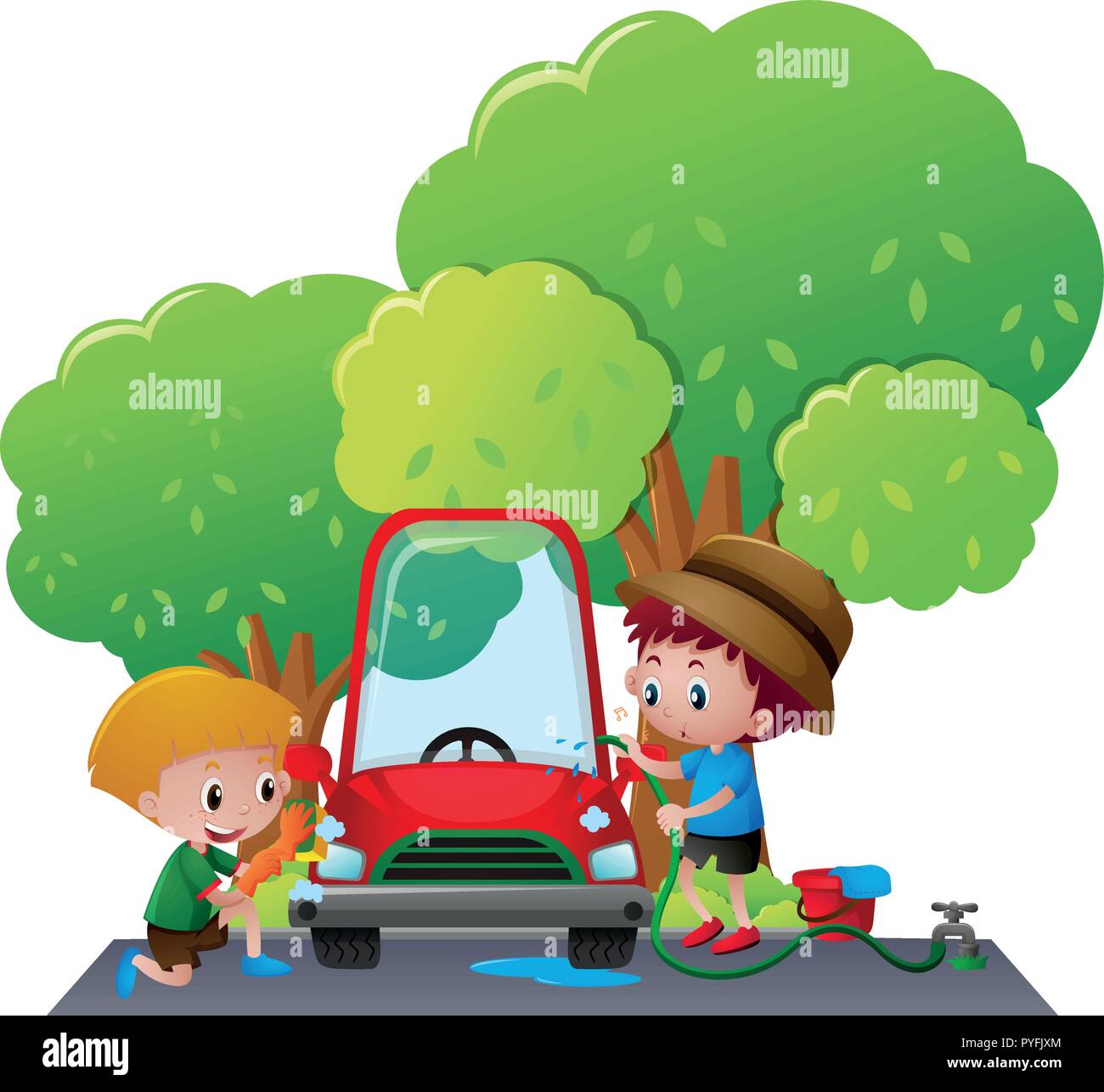 Two boys washing car in the park illustration Stock Vector