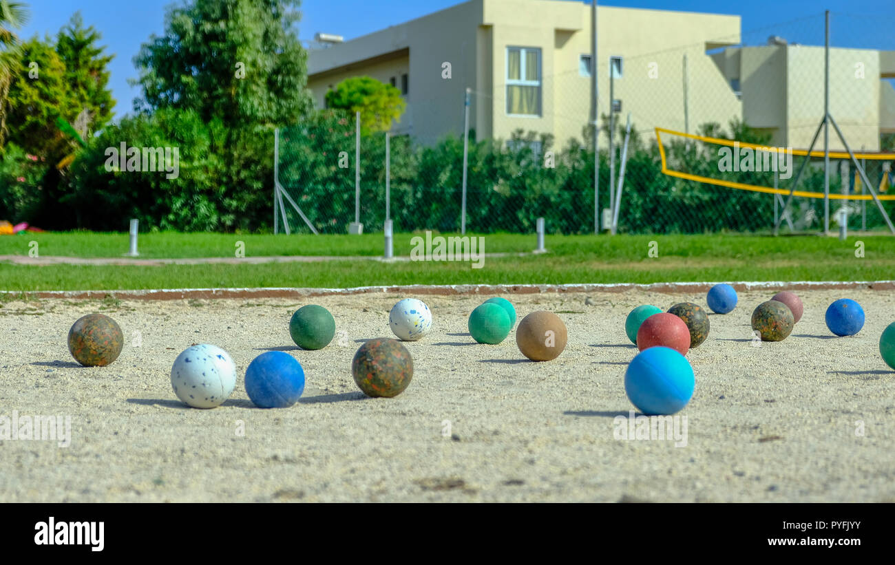 Coloured balls in a playground of a school in Kolombia Beach resort, Rhodes, Greece Stock Photo