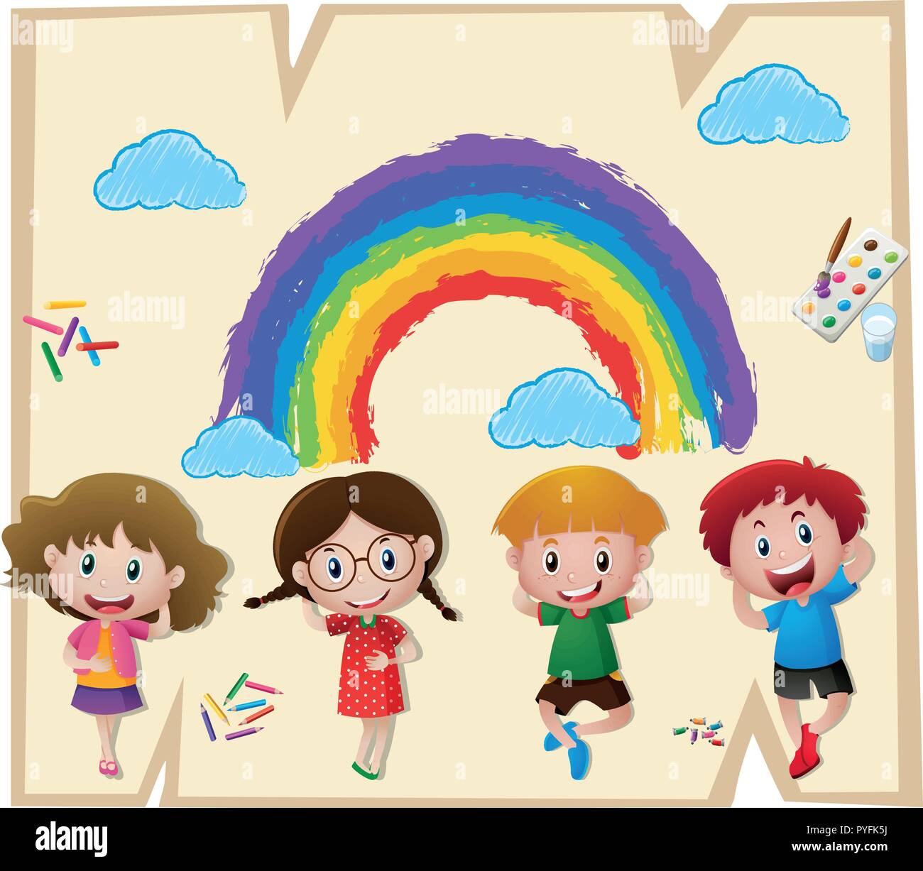 Children and colorful rainbow on paper illustration Stock Vector Image ...