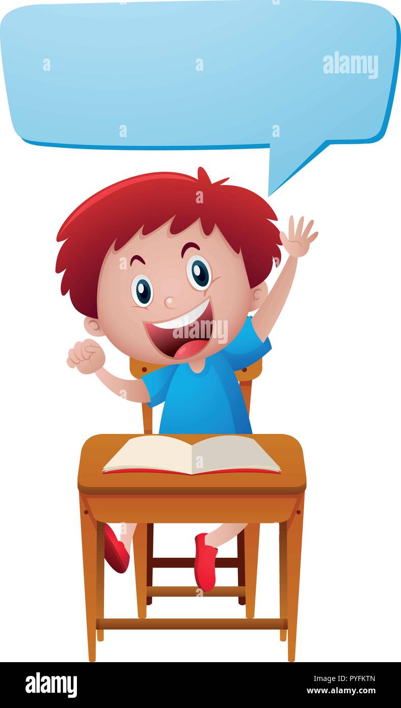 boy sitting on desk and speech bubble design illustration stock bubbledesign
