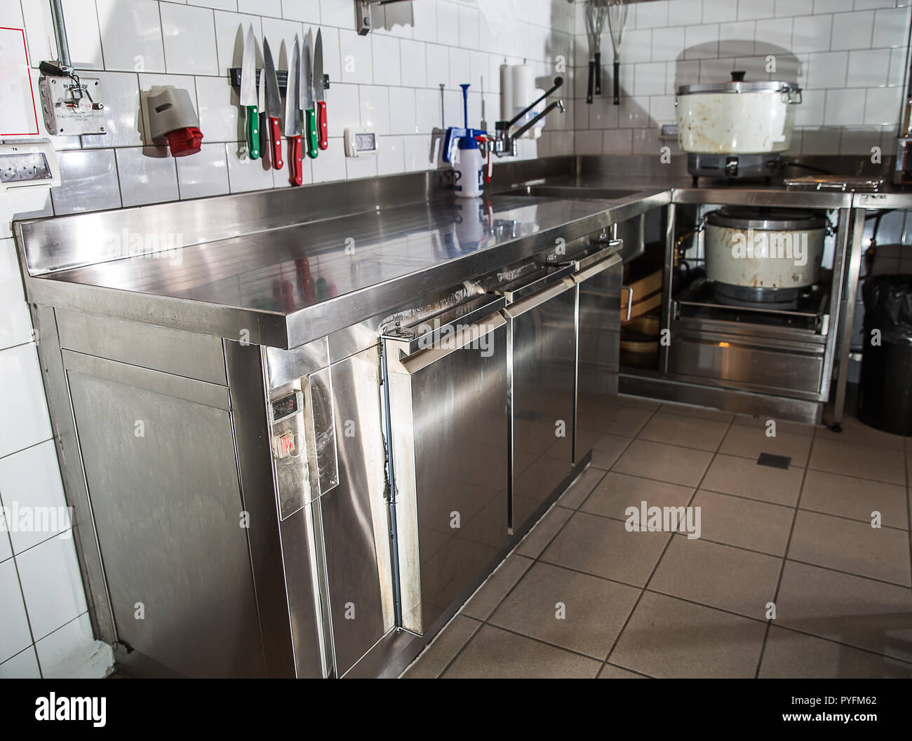 Professional kitchen, view counter in stainless steel . Stock Photo
