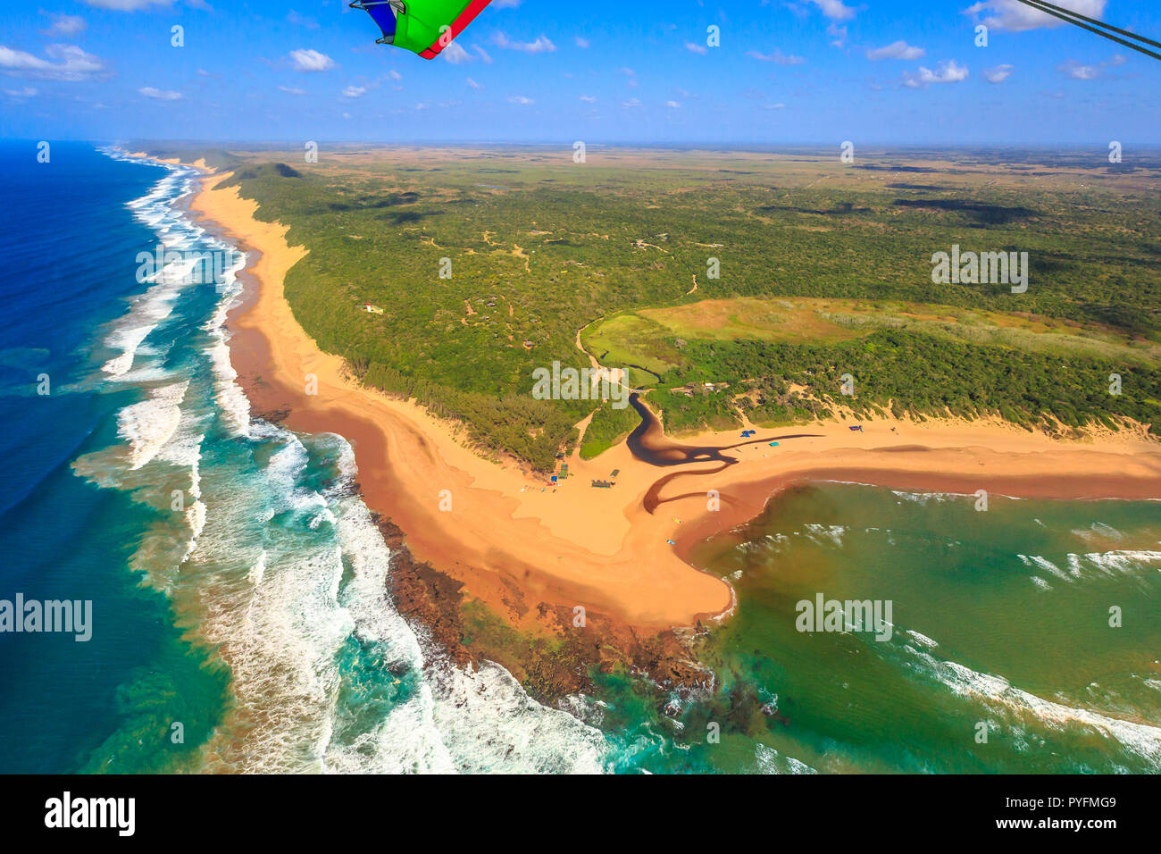 Aerial view of Sodwana Bay National Park within the iSimangaliso Wetland Park, Maputaland, an area of KwaZulu-Natal on the east coast of South Africa. Indian Ocean landscape. Stock Photo